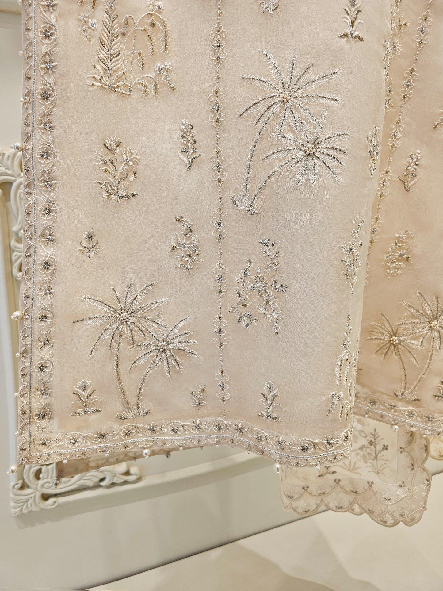 Aghanoor 3 Piece Pure Organza Embroidered Suit - Beige - Size (Medium, Large)