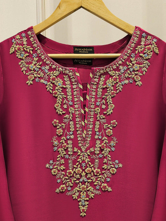 Agha Noor 2 piece - Pure Embroidered Sheesha Silk Suit - Maroon