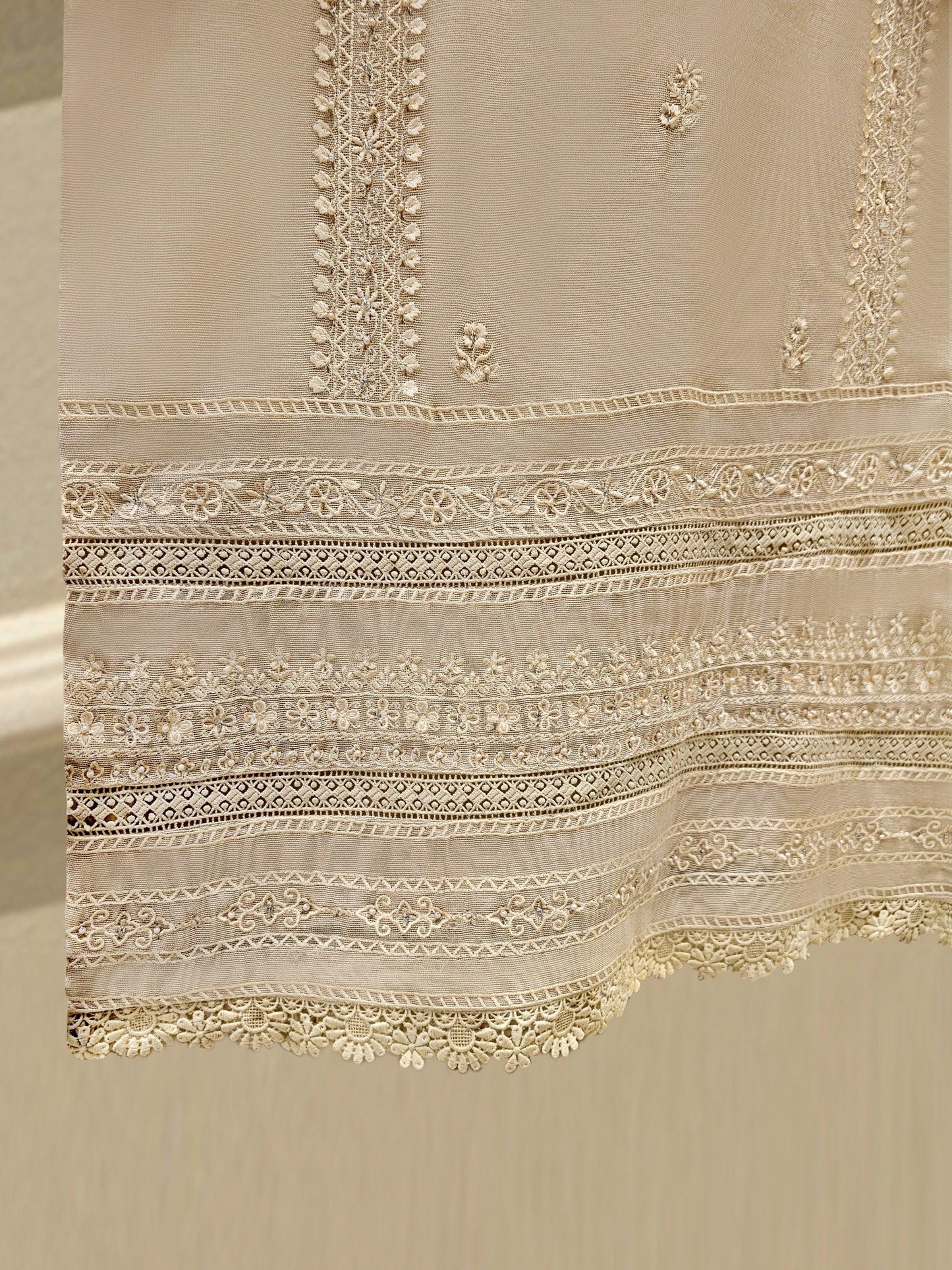 Aghanoor 2 Piece Pure Cotton Net Embroidered Suit - Beige