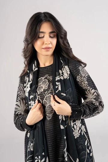 Maria.B - 2 Pc Embroidered Lurex Cotton Suit - Chiffon Dupatta - Large