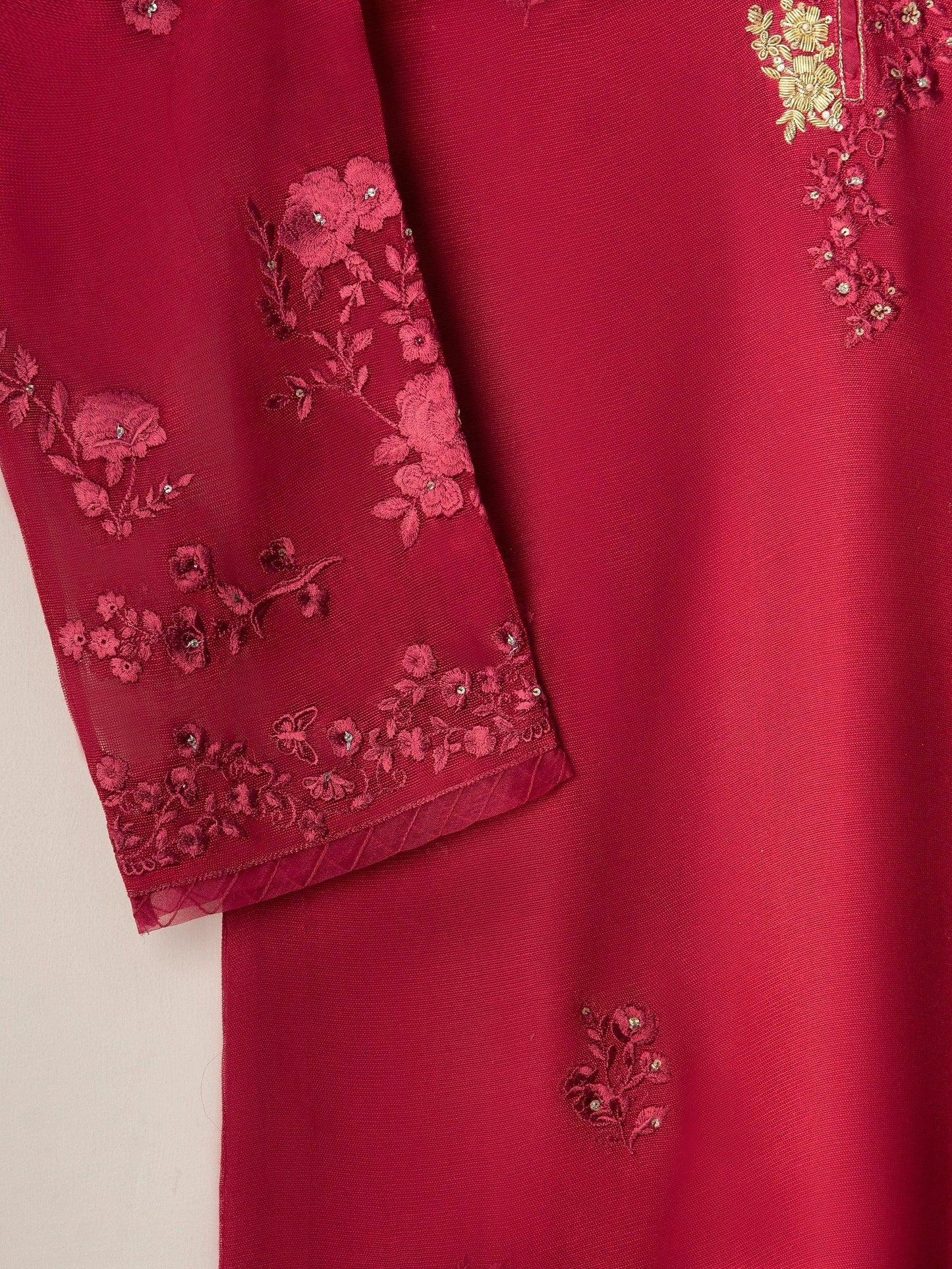 Aghanoor 2 piece - (Size- Large) -Cotton Net Embroidered Suit - Maroon - Raw Silk Pants