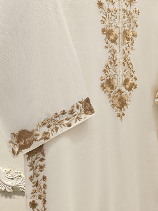 2 Piece Agha Noor Cotton Net Embroidered Suit - Off White - Silk Shalwar