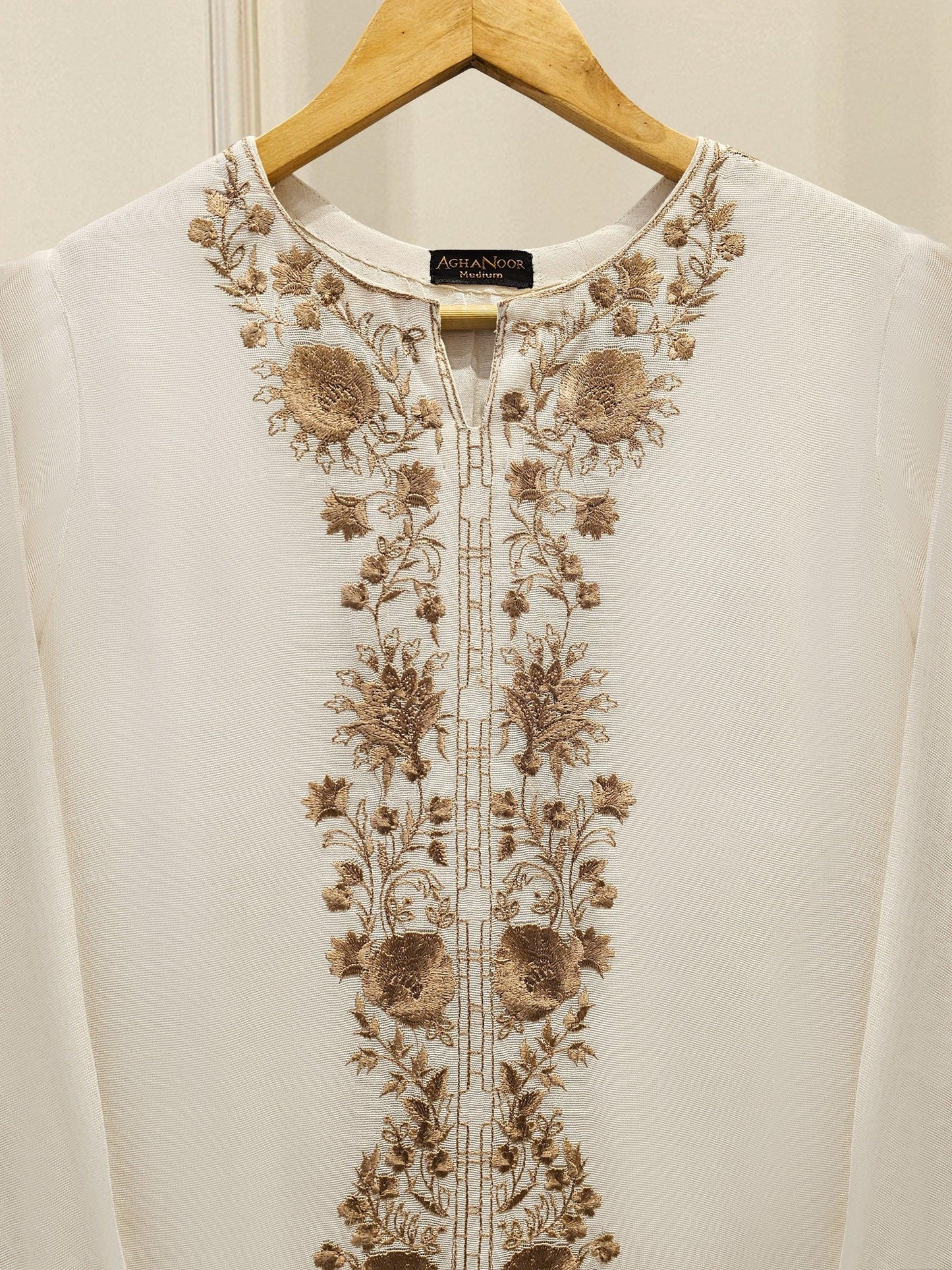 2 Piece Agha Noor Cotton Net Embroidered Suit - Off White - Silk Shalwar