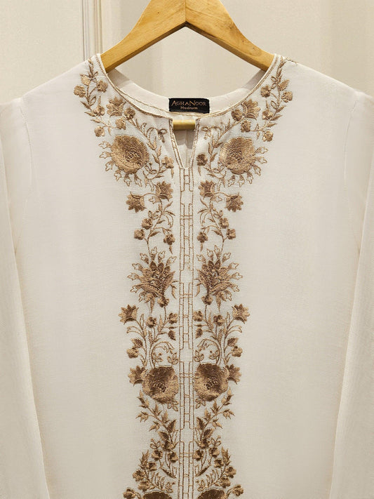 2 Piece Agha Noor Cotton Net Embroidered Suit - Off White - Silk Shalwar