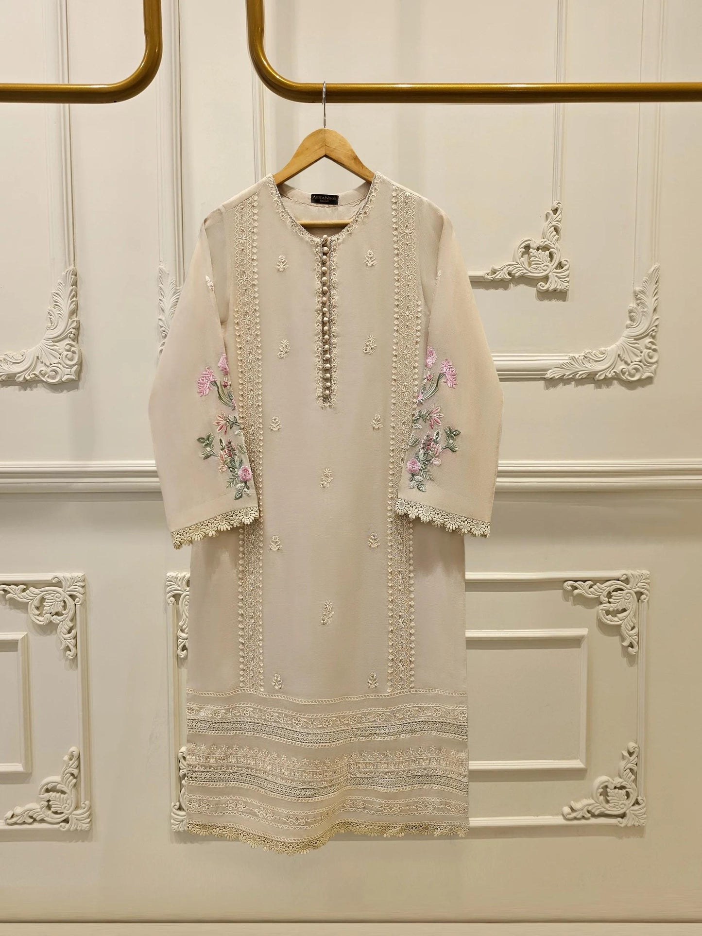 Aghanoor 2 Piece Pure Cotton Net Embroidered Suit - Beige