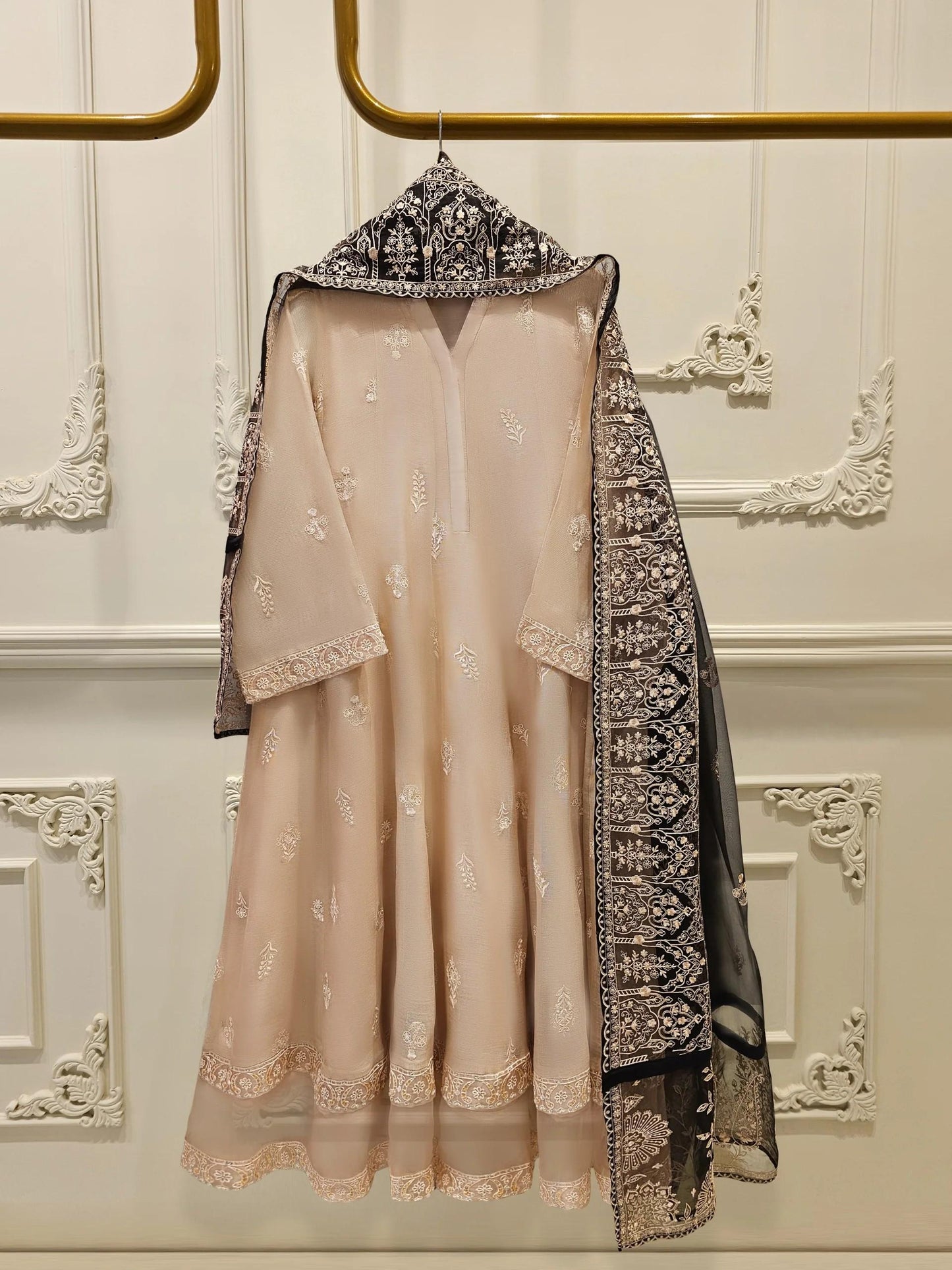 Aghanoor 3 Piece Pure Embroidered Cotton Net Suit Size (Medium, Large) - Beige