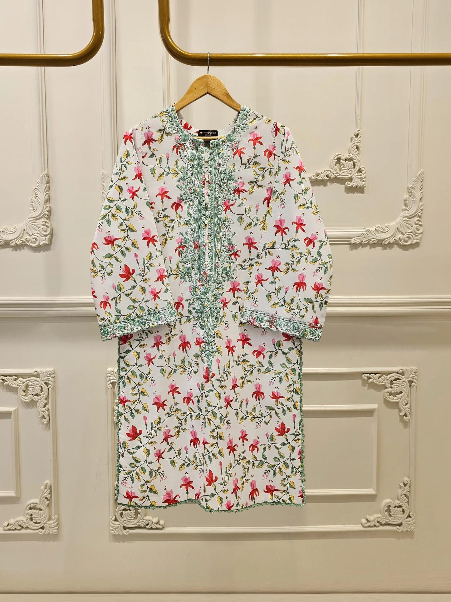 Aghanoor 2 piece - Digital Printed Embroidered Summer Lawn Suit - (Size- Large, Medium) - White Printed