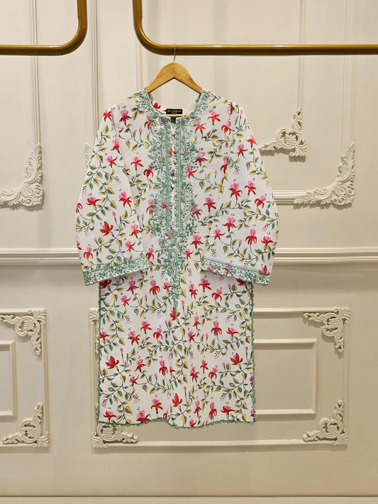 Aghanoor 2 piece - Digital Printed Embroidered Summer Lawn Suit - (Size- Large, Medium) - White Printed