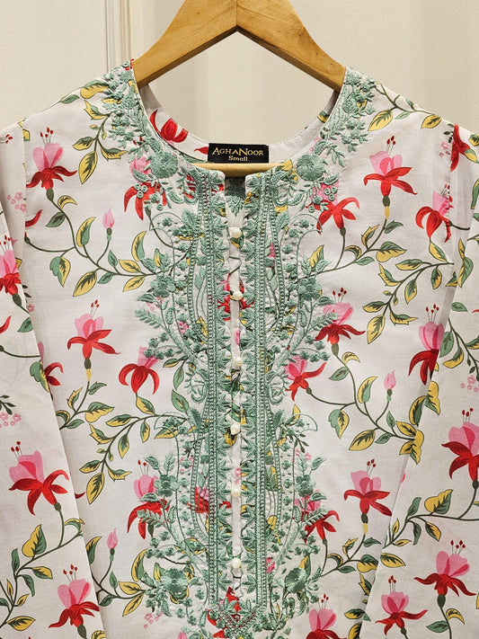 Aghanoor 2 piece - Digital Printed Embroidered Summer Lawn Suit - (Size- Large, Medium) - White Printed
