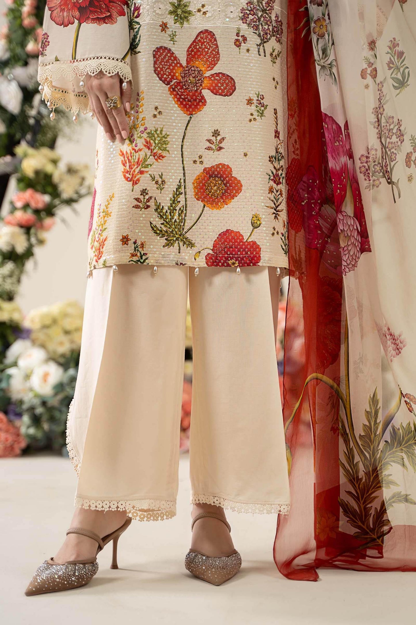 Maria.B - 3 Piece Embroidered Lawn Suit  (Medium) - Peach