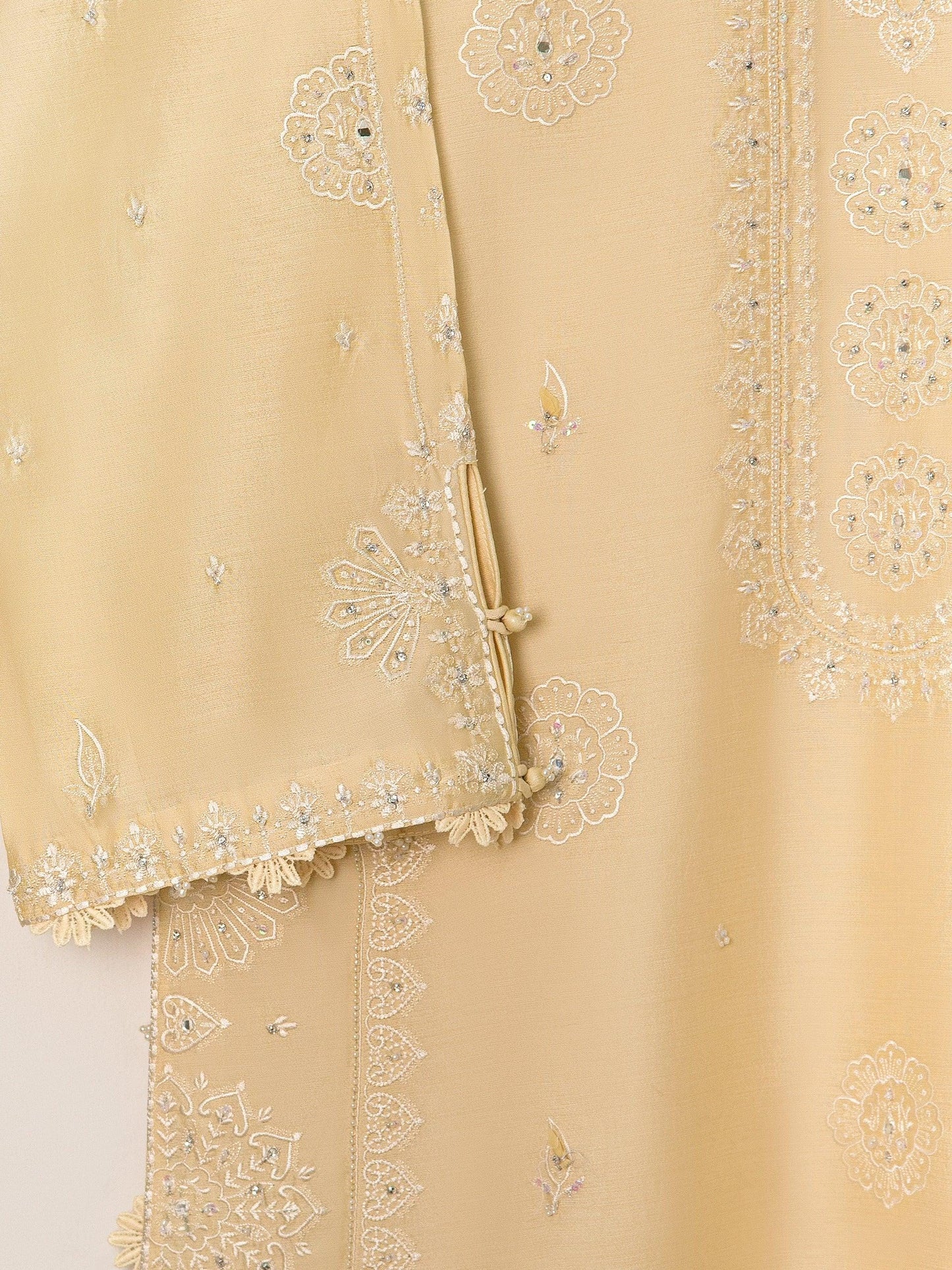 Aghanoor 3 Piece -  Pure Khaddi Silk Embroidered Suit - Light Yellow (Size - Large)