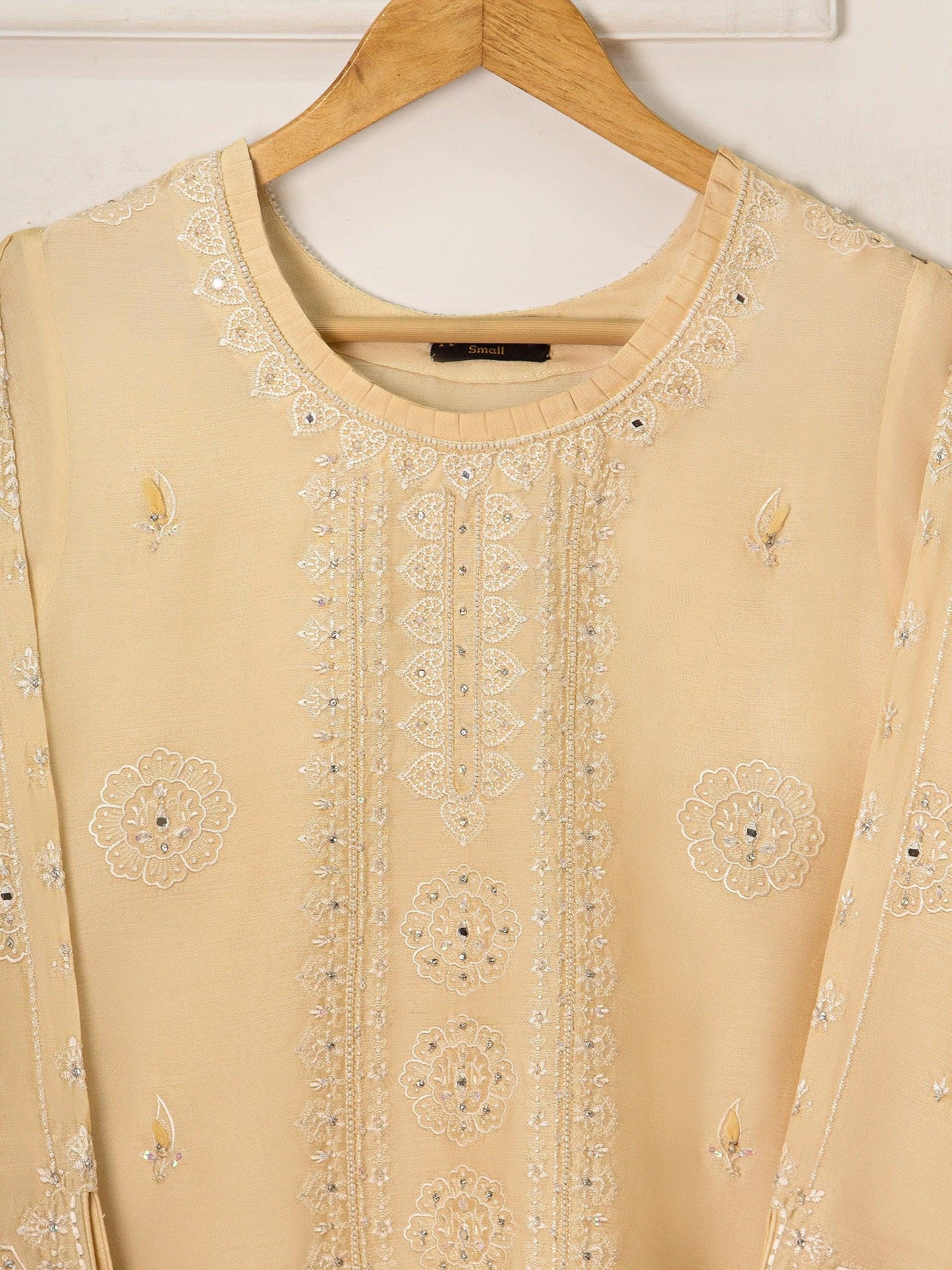 Aghanoor 3 Piece -  Pure Khaddi Silk Embroidered Suit - Light Yellow (Size - Large)