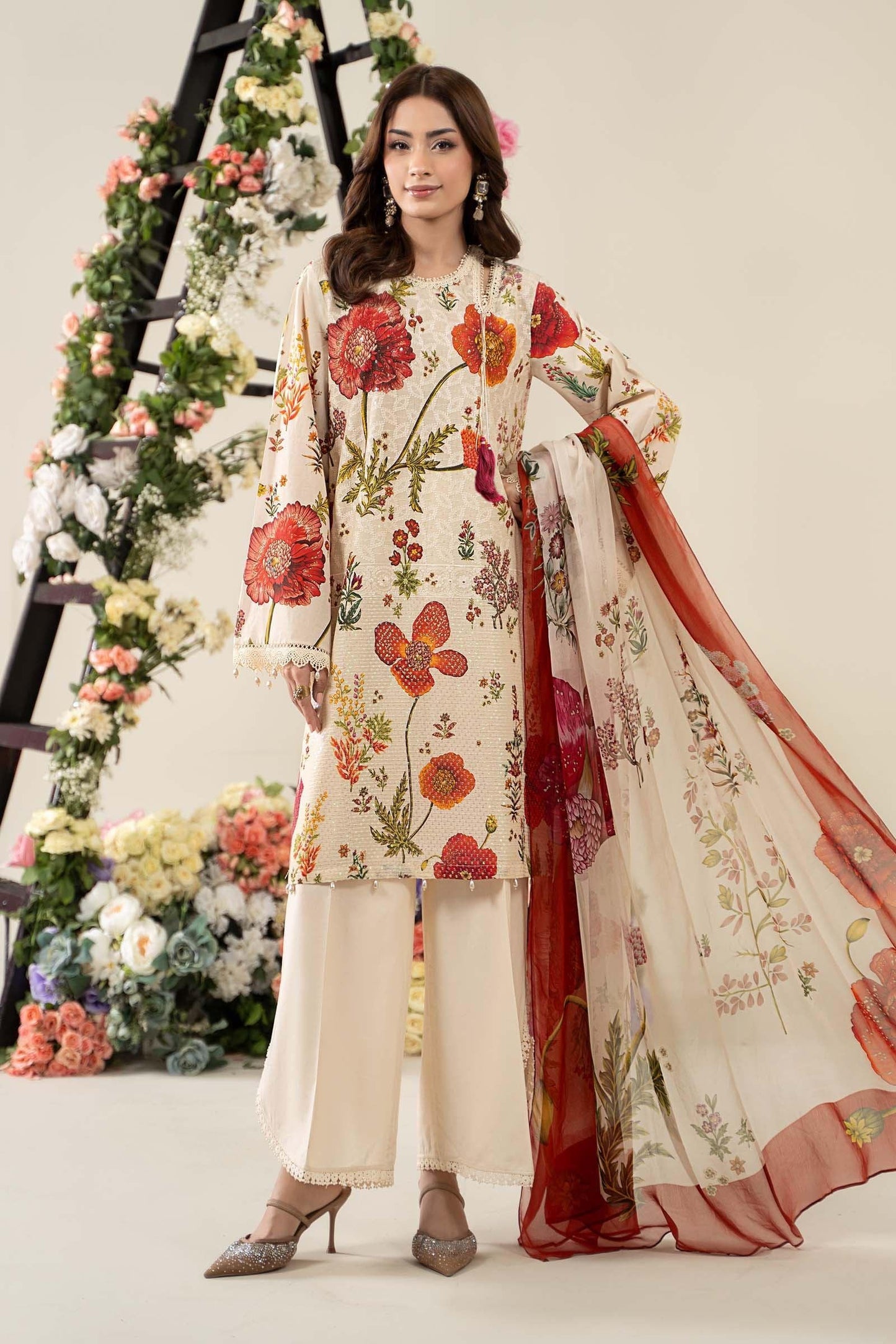 Maria.B - 3 Piece Embroidered Lawn Suit  (Medium) - Peach
