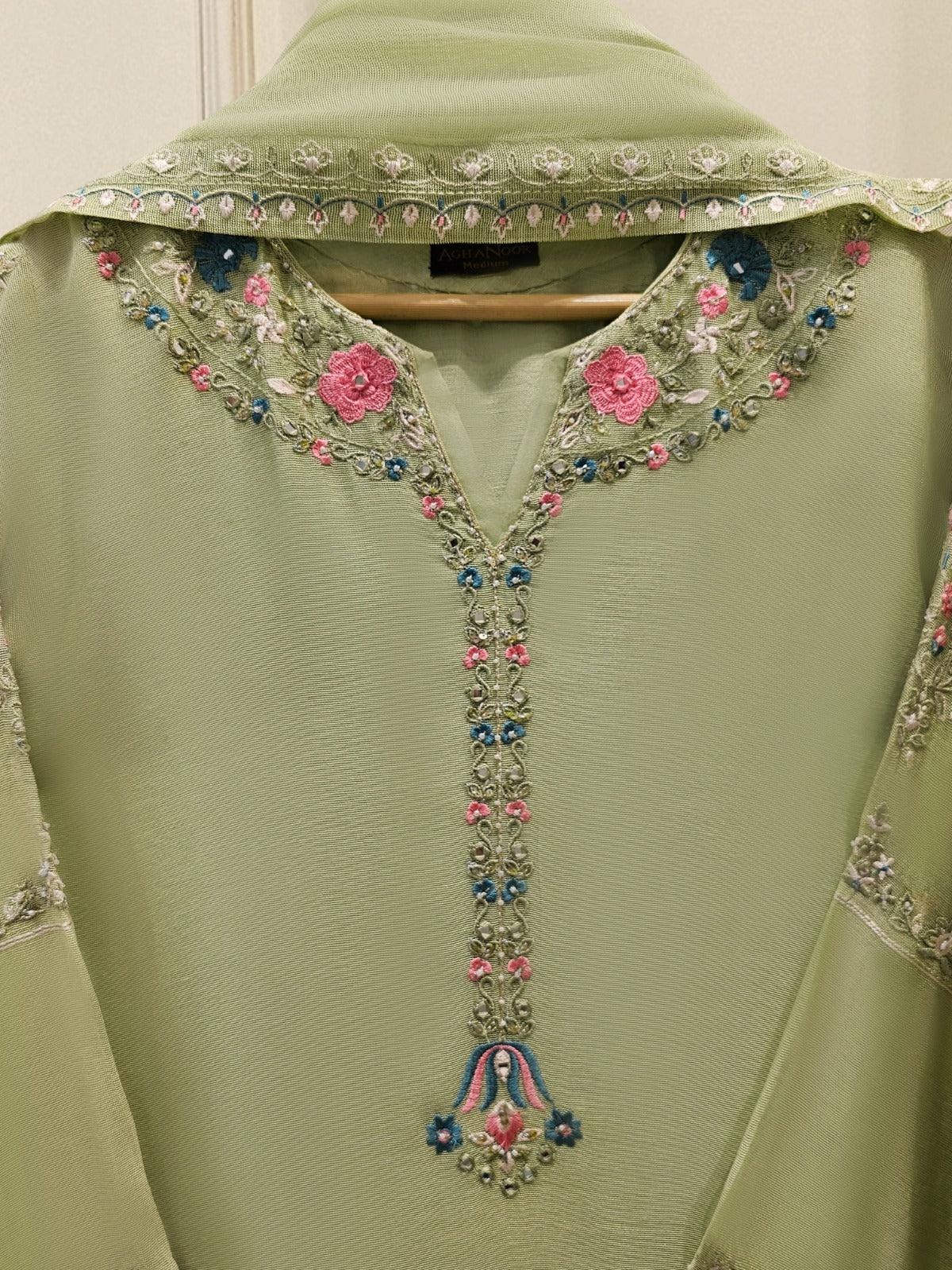 Aghanoor 3 Piece Pure Embroidered Cotton Net Suit Size (Medium, Large, XL) - Green