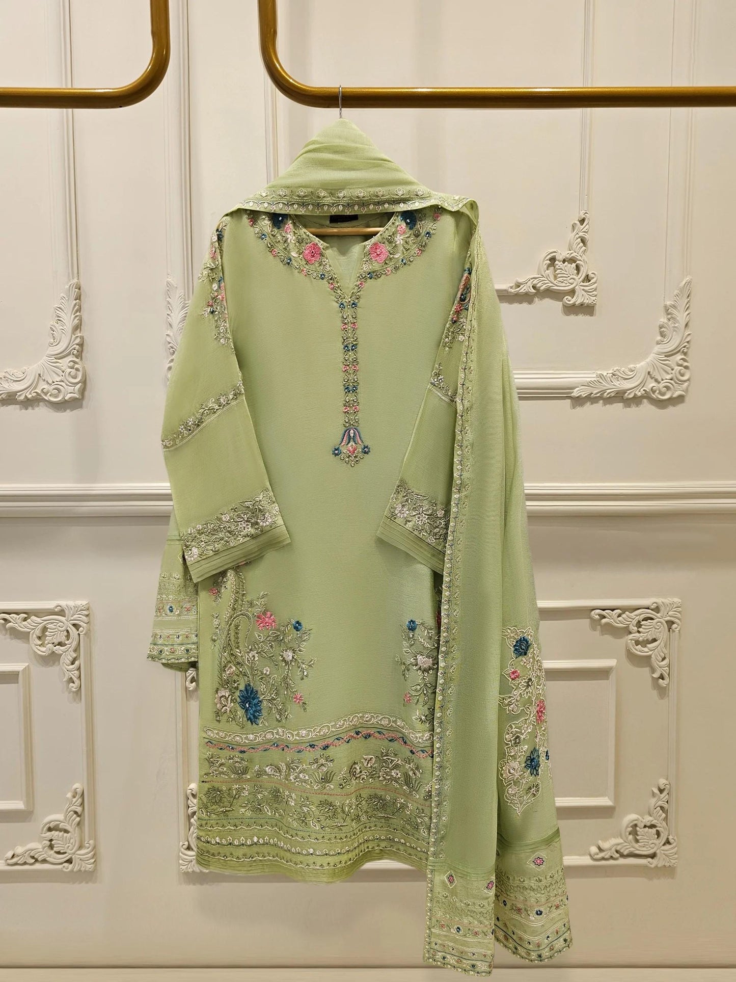 Aghanoor 3 Piece Pure Embroidered Cotton Net Suit Size (Medium, Large, XL) - Green