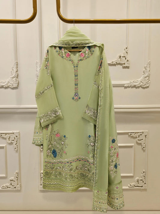 Aghanoor 3 Piece Pure Embroidered Cotton Net Suit Size (Medium, Large, XL) - Green