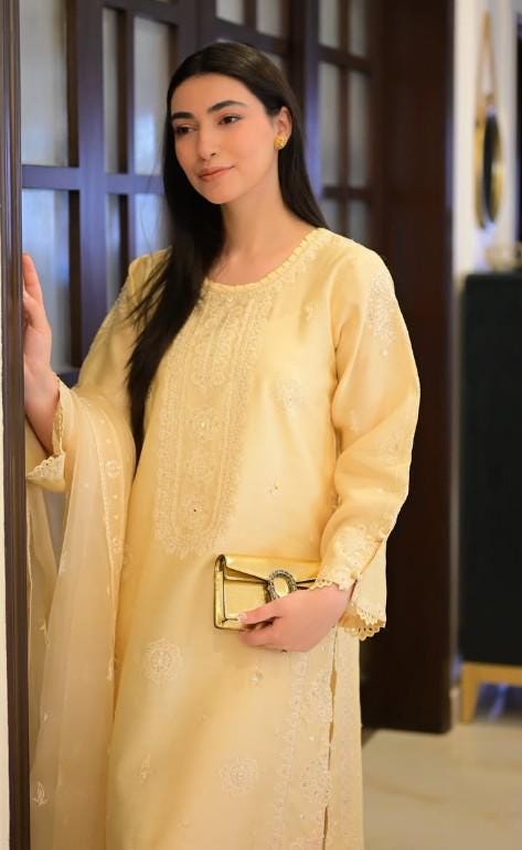 Aghanoor 3 Piece -  Pure Khaddi Silk Embroidered Suit - Light Yellow (Size - Large)