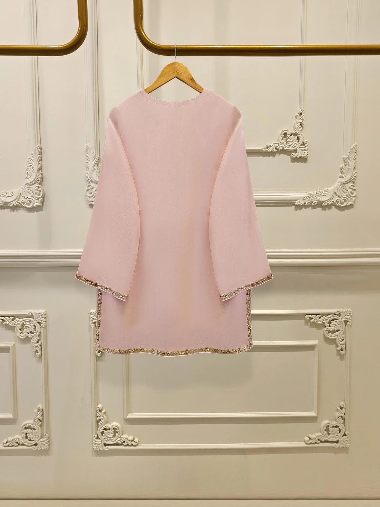 Embroidered Cotton Net Suit: Aghanoor Pink Korean Silk Pants