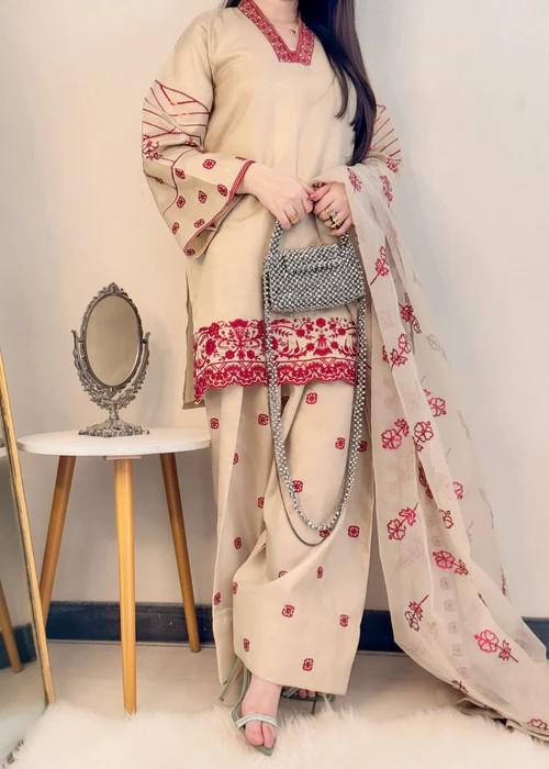 Embroidered Lawn Farshi Shalwar Suit - 3 Piece - Organza Dupatta