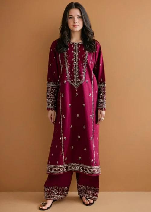 2 piece - Embroidered Linen Suit  -  Maroon