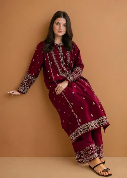 2 piece - Embroidered Linen Suit  -  Maroon