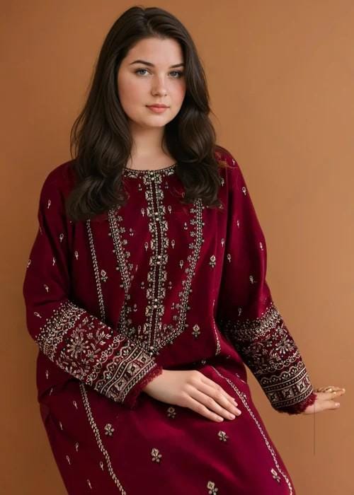 2 piece - Embroidered Linen Suit  -  Maroon