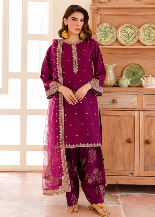 Embroidered Lawn Suit with Organza Dupatta - Plum Purple