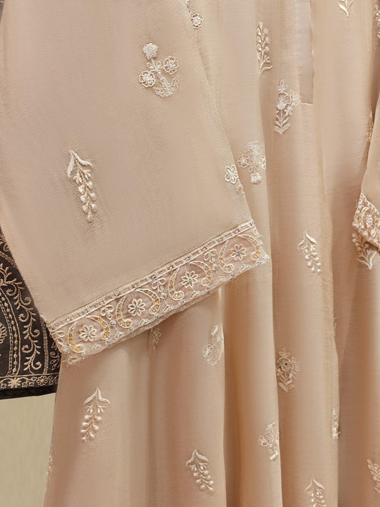 Aghanoor 3 Piece Pure Embroidered Cotton Net Suit Size (Medium, Large) - Beige