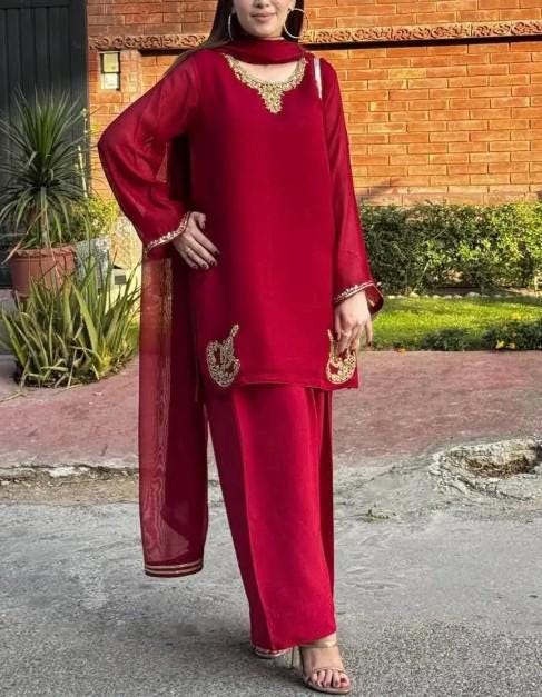 Aghanoor 3 Piece Pure Cotton Net Embroidered Suit  - Maroon - Korean Silk Pants