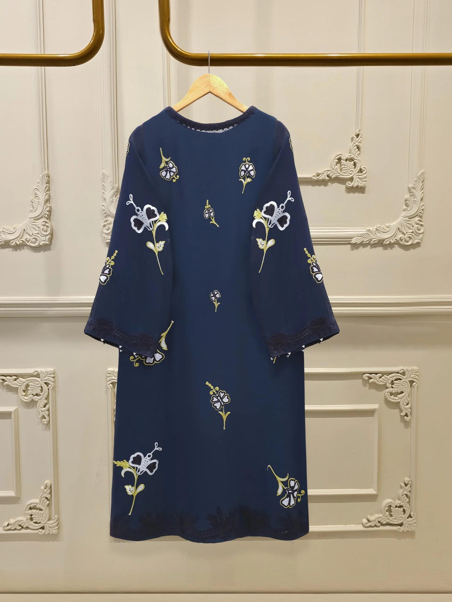 Agha Noor 3 Piece Pure Embroidered Cotton Net Suit Size (Medium, Small) - Navy Blue