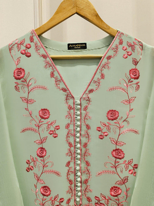 Aghanoor 2 Piece Pure Cotton Net Embroidered Suit - Pista Green