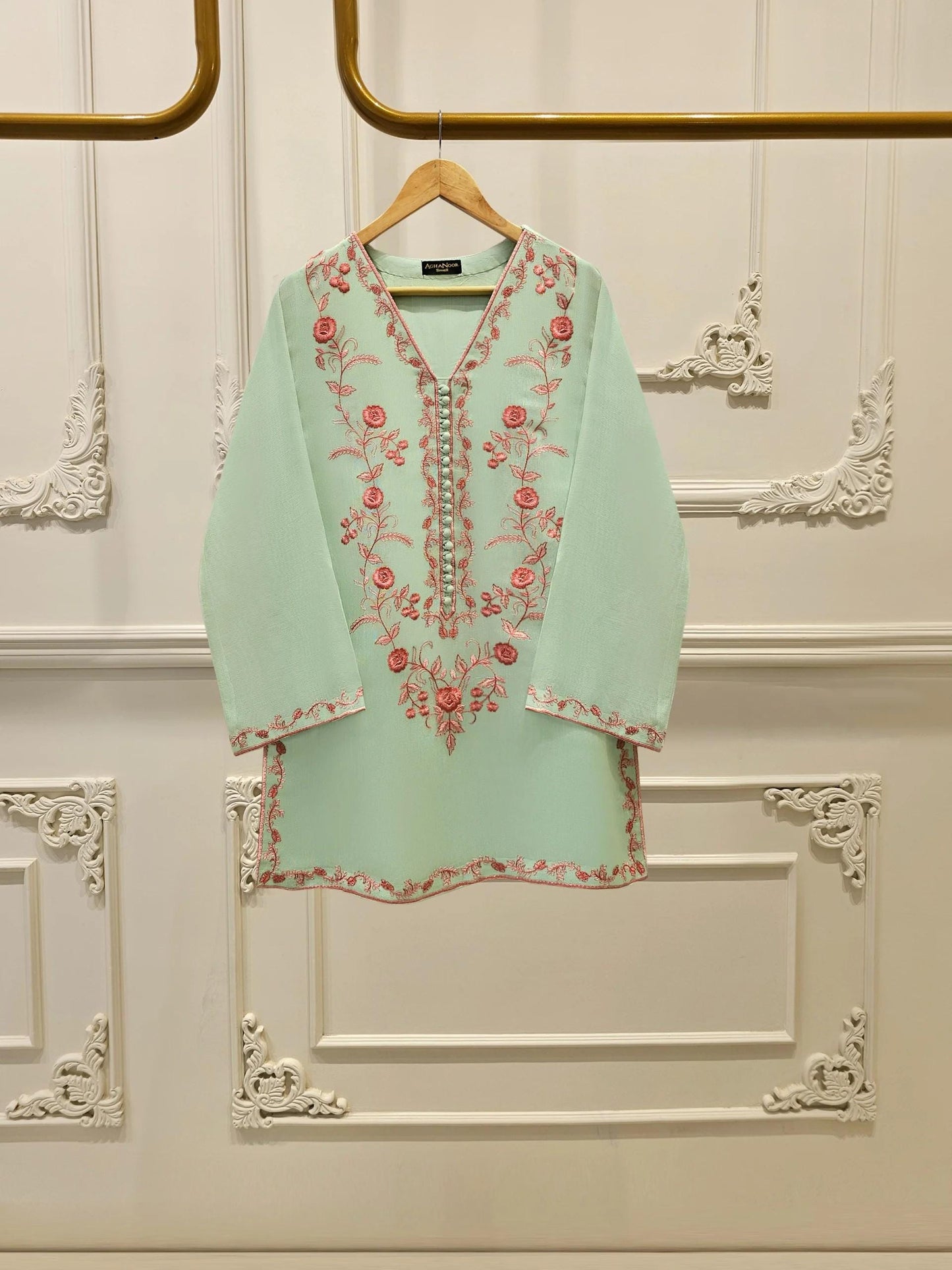 Aghanoor 2 Piece Pure Cotton Net Embroidered Suit - Pista Green