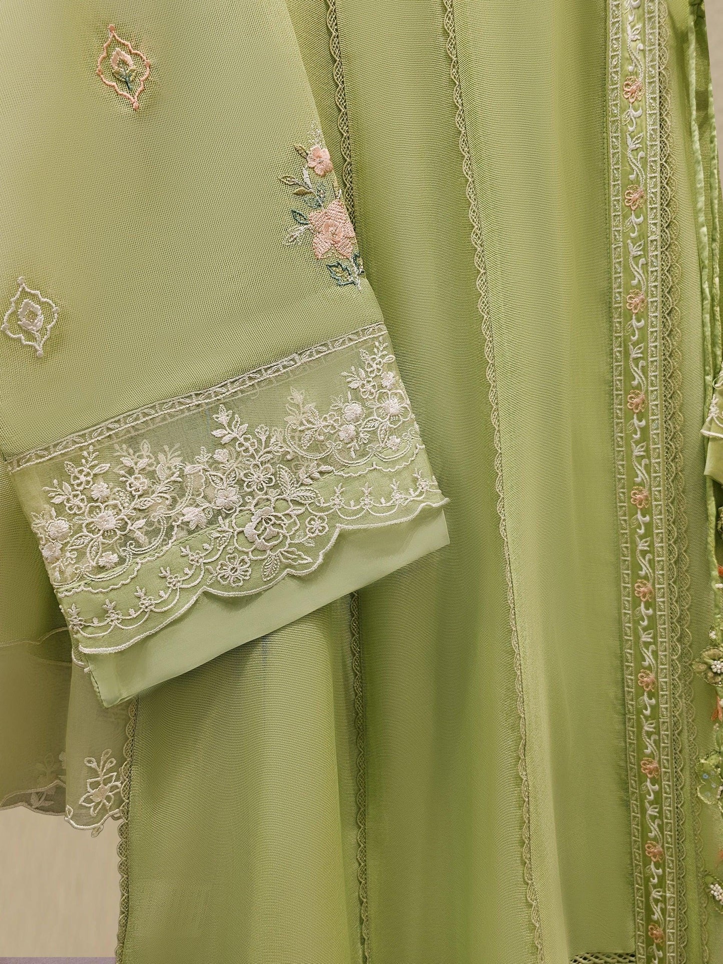 Aghanoor 3 Piece Pure Embroidered Angrakha Cotton Net Suit Size (Medium, Large) - Green
