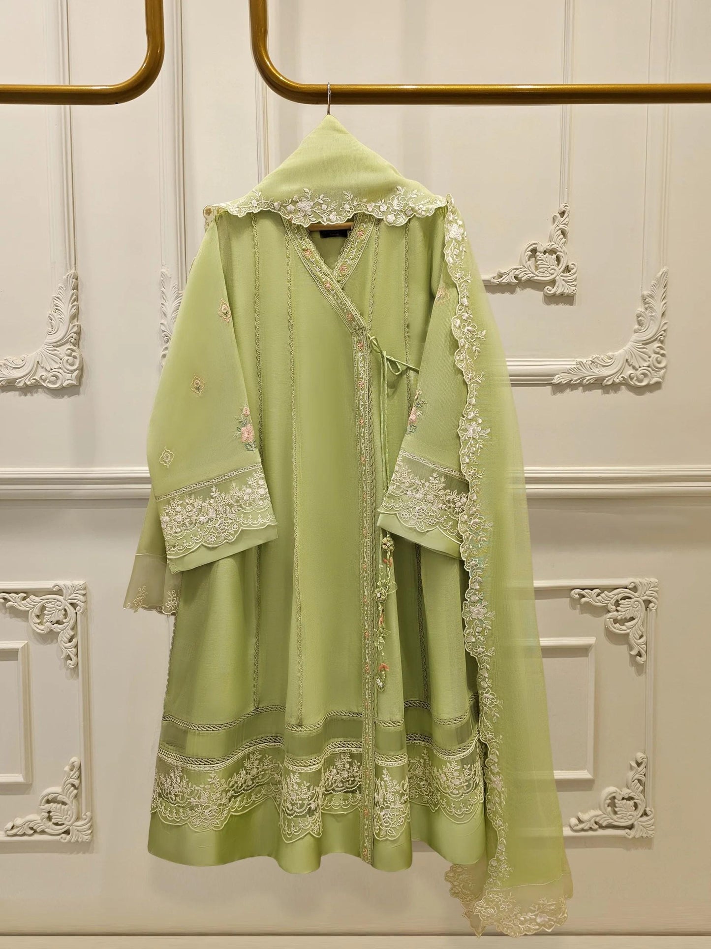 Aghanoor 3 Piece Pure Embroidered Angrakha Cotton Net Suit Size (Medium, Large) - Green