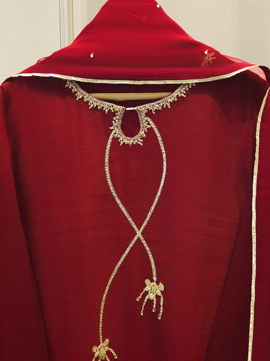 Aghanoor 3 Piece Pure Cotton Net Embroidered Suit - Maroon - Chiffon Dupatta