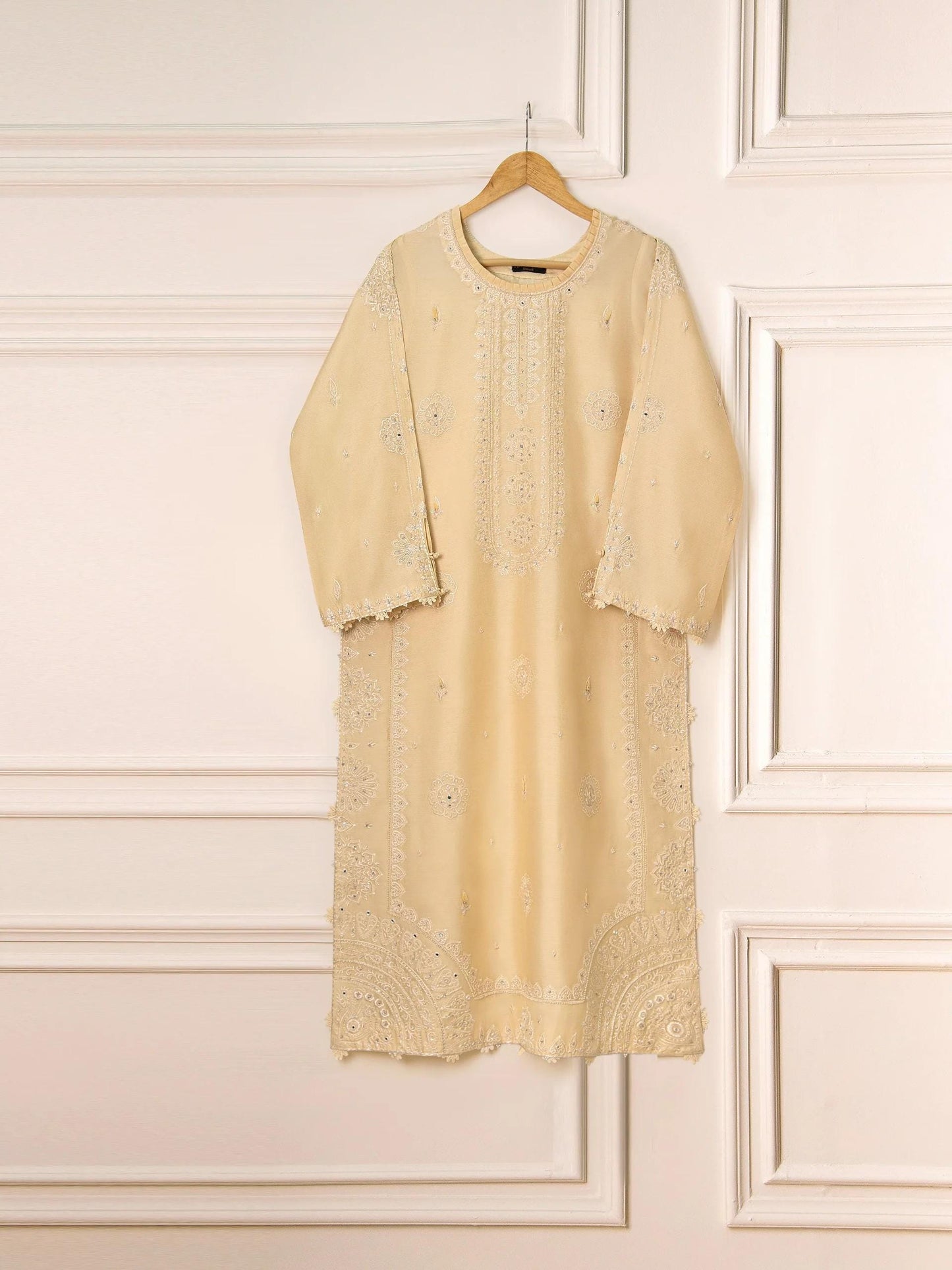 Aghanoor 3 Piece -  Pure Khaddi Silk Embroidered Suit - Light Yellow (Size - Large)
