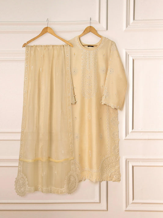 Aghanoor 3 Piece -  Pure Khaddi Silk Embroidered Suit - Light Yellow (Size - Large)
