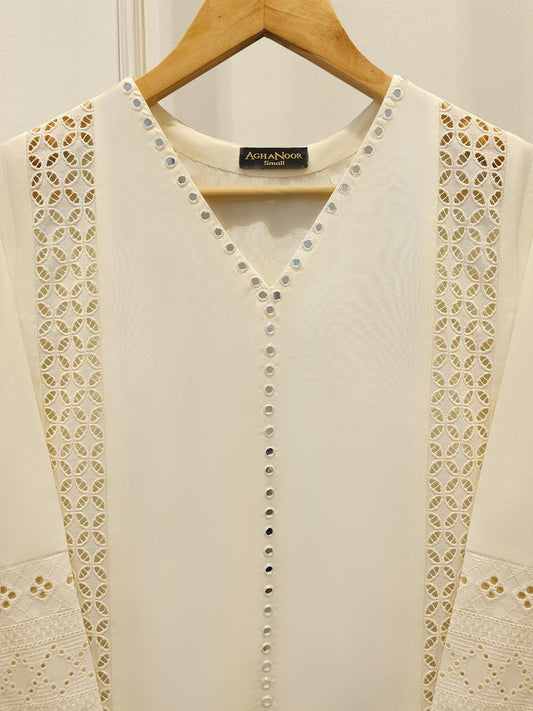 Agha Noor 2 piece Embroidered Lawn Suit - Off White