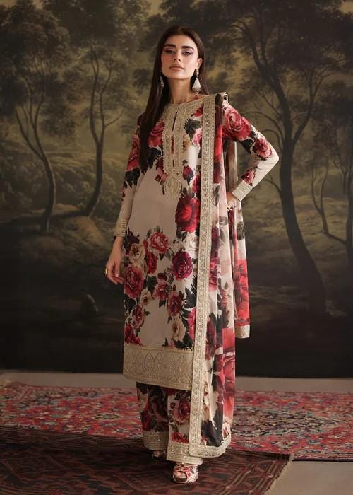 Embroidered Lawn Suit with Palazzo Pants & Silk Dupatta