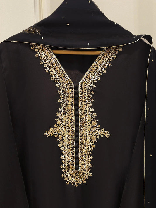 Aghanoor 3 Piece Pure Silk Embroidered Suit Size - Black - Chiffon Dupatta