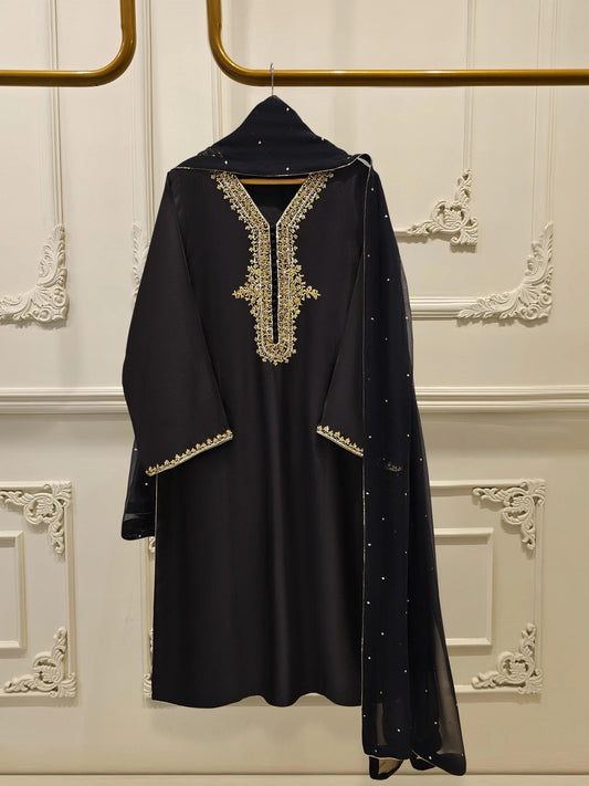 Aghanoor 3 Piece Pure Silk Embroidered Suit Size - Black - Chiffon Dupatta