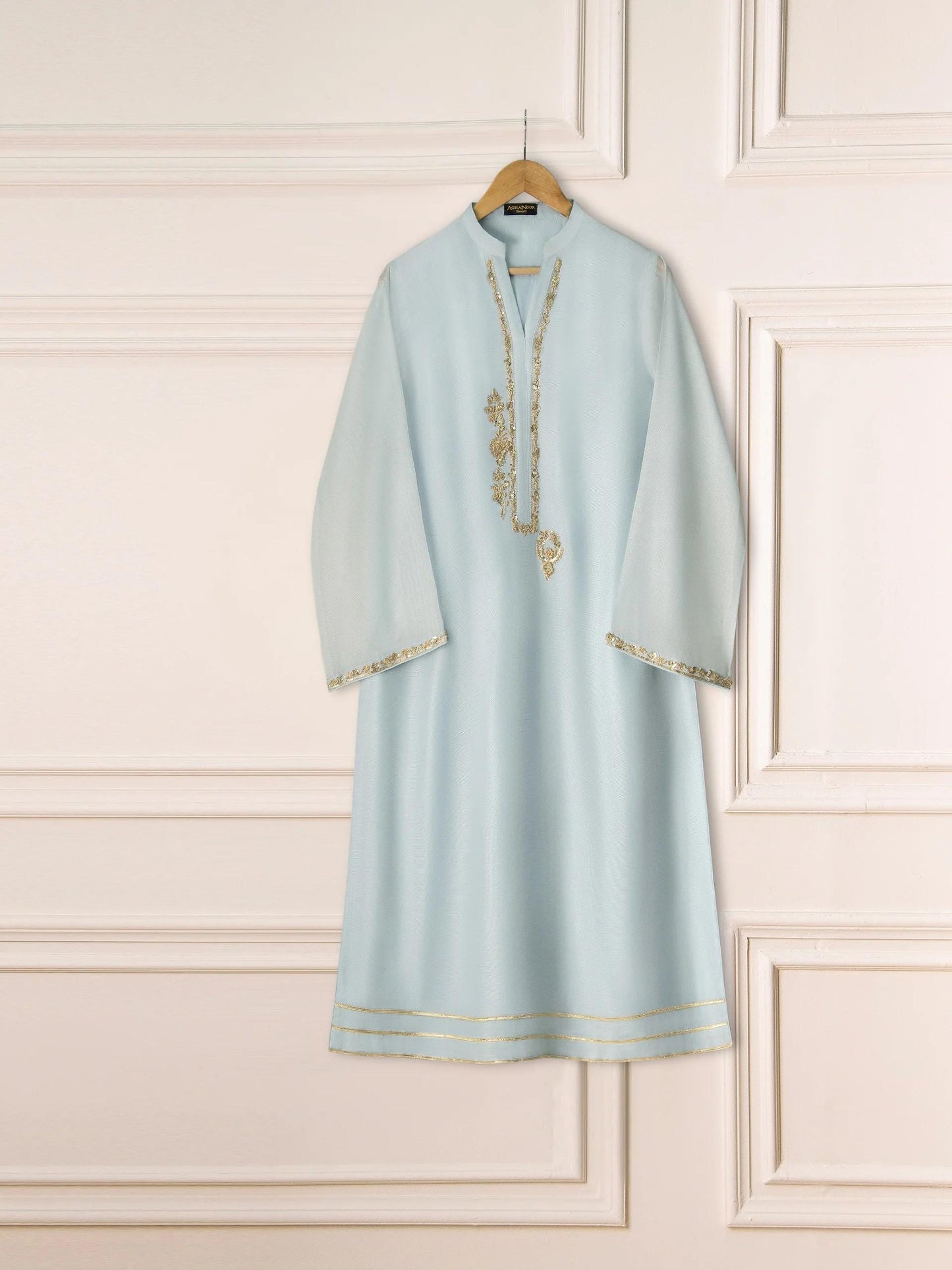 Agha Noor 2 Piece - Embroidered Cotton Net Suit: Raw Silk Pants - Ferozi