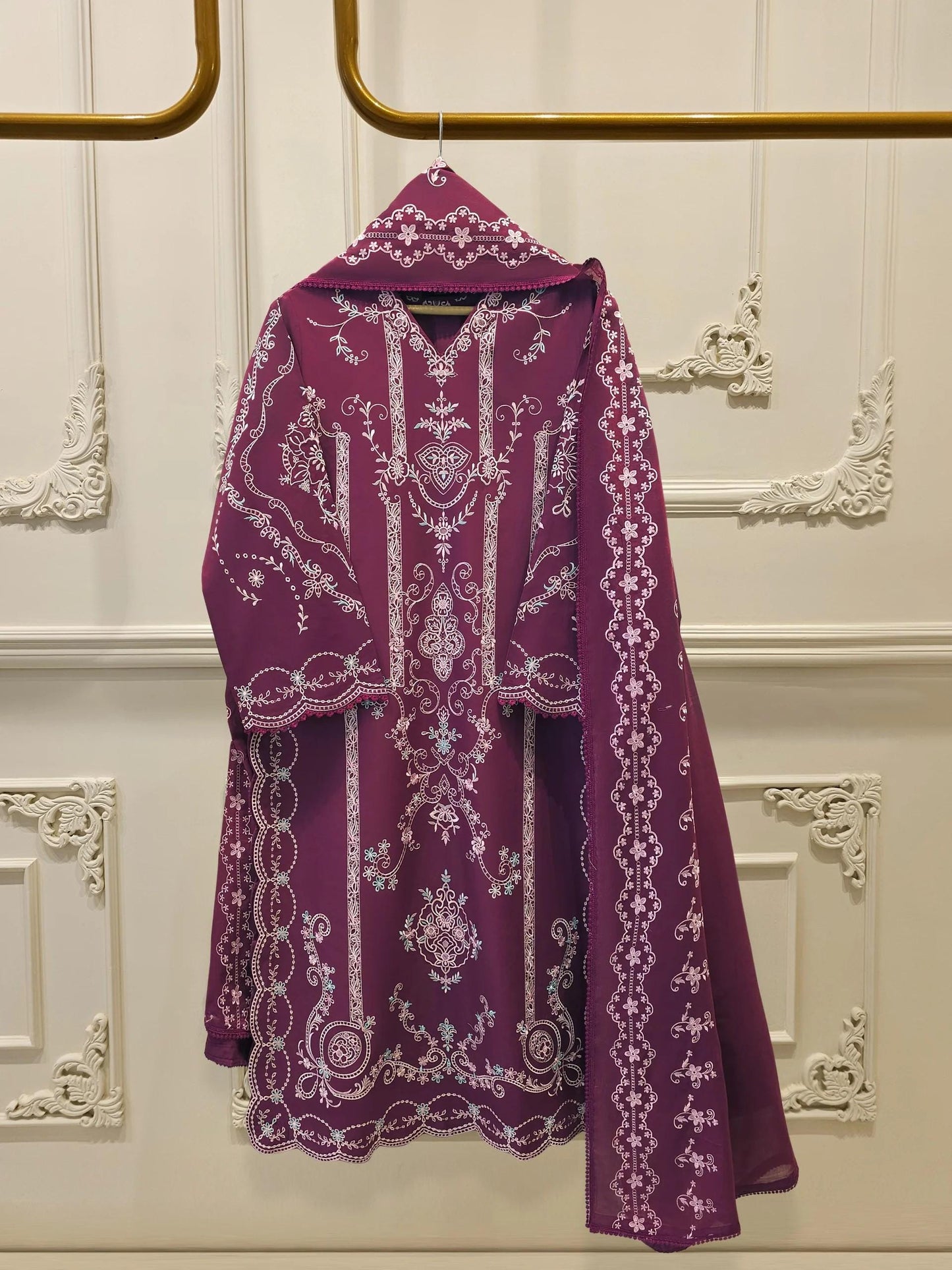 Aghanoor 2 Piece Embroidered Lawn Suit Size (XL, Large, Medium) - Purple