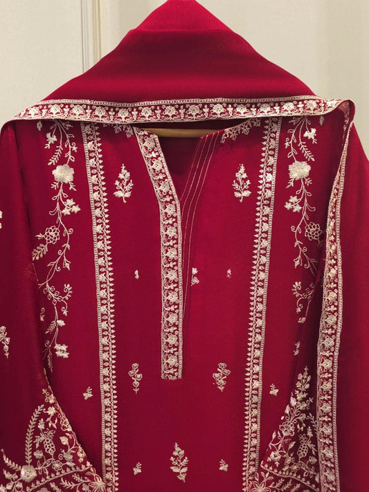 Agha noor 3 Piece Pure Cotton Net Embroidered Suit (Size Medium, Large) - Maroon