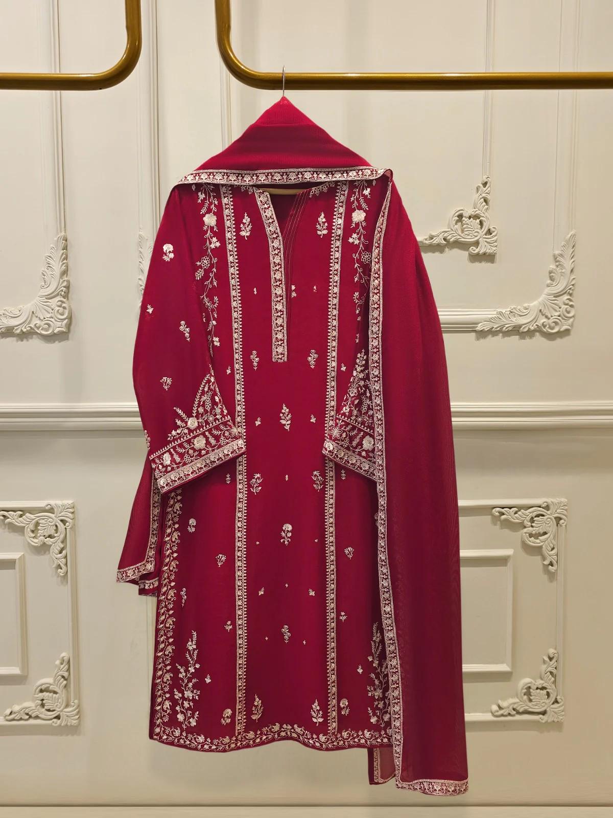 Agha noor 3 Piece Pure Cotton Net Embroidered Suit (Size Medium, Large) - Maroon