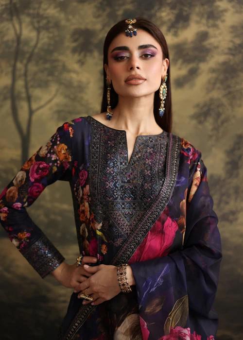 Embroidered Lawn Suit with Palazzo Pants & Silk Dupatta - Purple