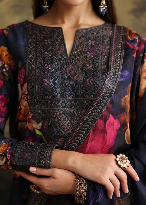 Embroidered Lawn Suit with Palazzo Pants & Silk Dupatta - Purple