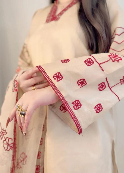 Embroidered Lawn Farshi Shalwar Suit - 3 Piece - Organza Dupatta