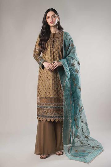 Maria.B - 3 Piece Embroidered Satin Suit Palazzo Pants (Size - Large) - Coffee Colored