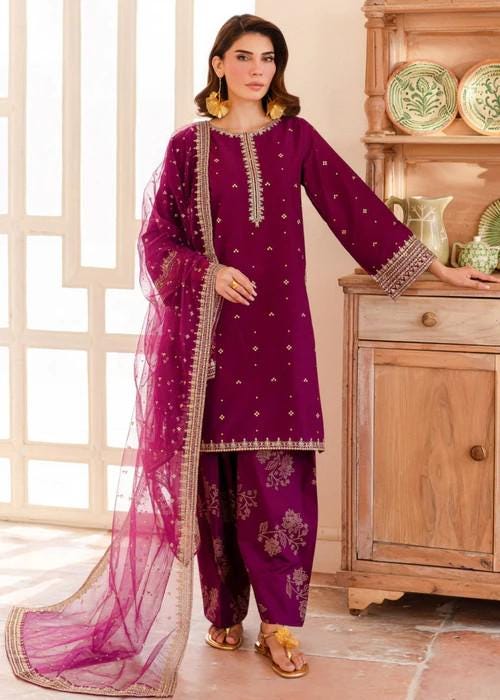 Embroidered Lawn Suit with Organza Dupatta - Plum Purple